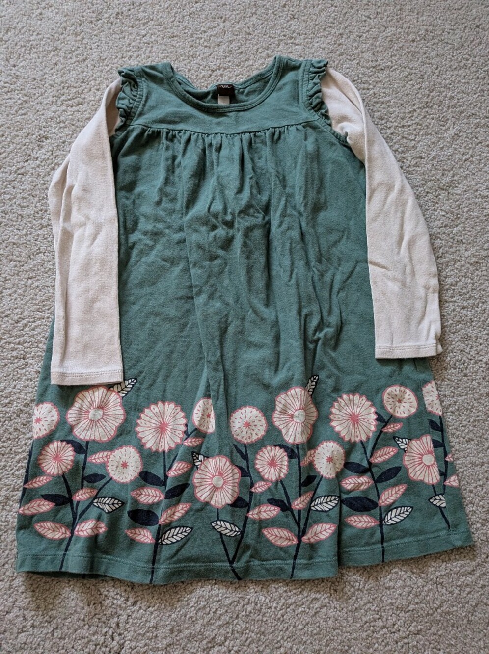 Tea Collection Ruffle Green and Cream Floral Long Sleeve Dress